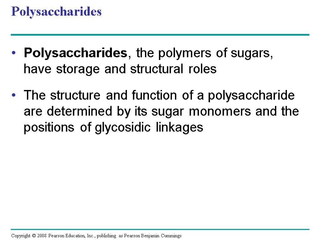 Polysaccharides Polysaccharides, the polymers of sugars, have storage and structural roles The structure and